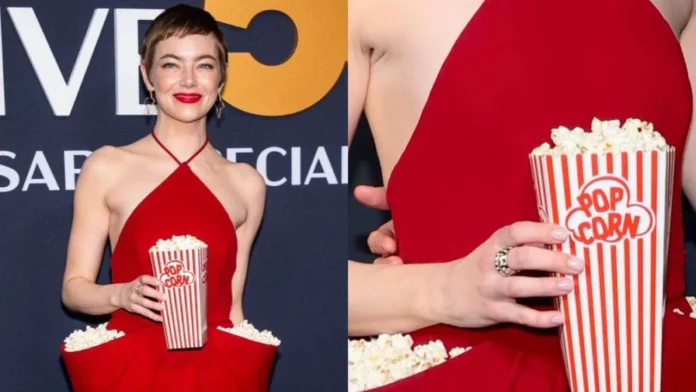 Emma Stone's playful popcorn dress at SNL 50 Emma Stone's playful popcorn dress at SNL 50
