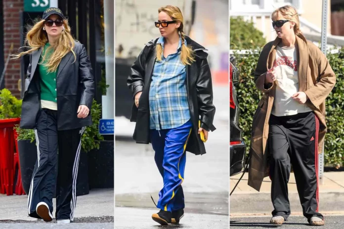 Jennifer Lawrence trendy track pants style