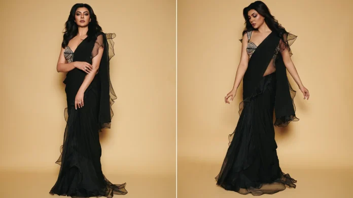 Sushmita Sen modern black saree fashion style
